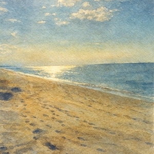 Puede incluir: Pintura a la acuarela de una escena de playa. La obra representa una playa arenosa con huellas que conducen al océano. El cielo es azul claro con nubes blancas y esponjosas. El agua refleja la luz del sol.