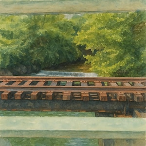 May include: Watercolor painting of a railroad bridge over a river. The bridge's wooden ties and metal rails are in the foreground, with a waterfall and lush green trees in the background. The water is a light green color.
