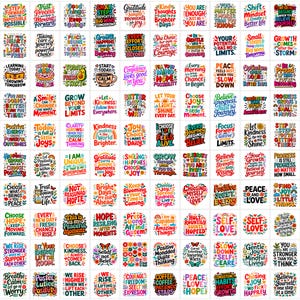 Puede incluir: Una colección de coloridas impresiones artísticas cuadradas con citas y frases inspiradoras. Las impresiones presentan varias fuentes y diseños, promoviendo la positividad y la motivación. Perfecto para la decoración del hogar o la oficina.