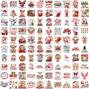 May include: A collection of Christmas-themed stickers with various designs. The stickers feature Santa Claus, reindeer, snowmen, and festive text like "Merry Christmas." The designs are colorful and varied, suitable for holiday decorations.