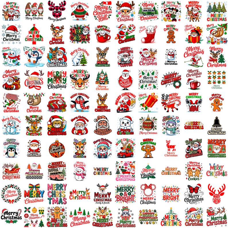 May include: A collection of Christmas-themed stickers with various designs. The stickers feature Santa Claus, reindeer, snowmen, and festive text like "Merry Christmas." The designs are colorful and varied, suitable for holiday decorations.