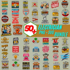 Puede incluir: Un conjunto de más de 50 diseños PNG y SVG con temática de electricista. Las imágenes presentan citas humorísticas, herramientas y gráficos relacionados con el trabajo eléctrico, perfectos para ropa y manualidades.