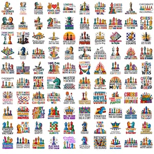 Puede incluir: Una colección de gráficos coloridos con temática de ajedrez con varios lemas y frases. Los diseños incluyen piezas de ajedrez, coronas y citas motivacionales como "Checkmate in Style" y "Strategy is the Real Power."