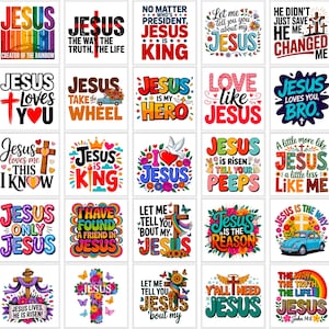 May include: Collection of square art prints with religious themes. Each print features the word "Jesus" with various designs, including rainbows, crosses, and floral elements. Text includes phrases like "Jesus is King" and "Jesus loves you."