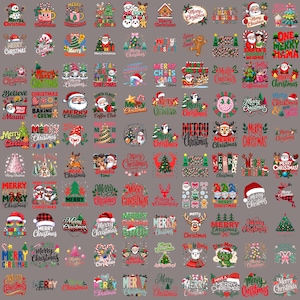 May include: A collection of Christmas-themed graphic designs. The designs feature various festive elements such as Santa Claus, Christmas trees, reindeer, and holiday phrases like "Merry Christmas." The color palette includes red, green, and white.
