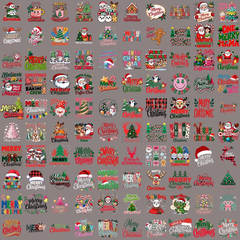 May include: A collection of Christmas-themed graphic designs. The designs feature various festive elements such as Santa Claus, Christmas trees, reindeer, and holiday phrases like "Merry Christmas." The color palette includes red, green, and white.