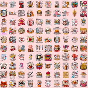 May include: A collection of colorful kitchen-themed stickers with various designs and text. The stickers feature images of kitchen tools, food, and phrases like "Kitchen Queen" and "Cooking is my superpower."