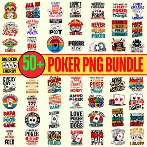 Paquete de más de 50 imágenes PNG y SVG de póker, diseños de camisetas de casino, impresiones de cartas de juego y regalos de juegos de azar.