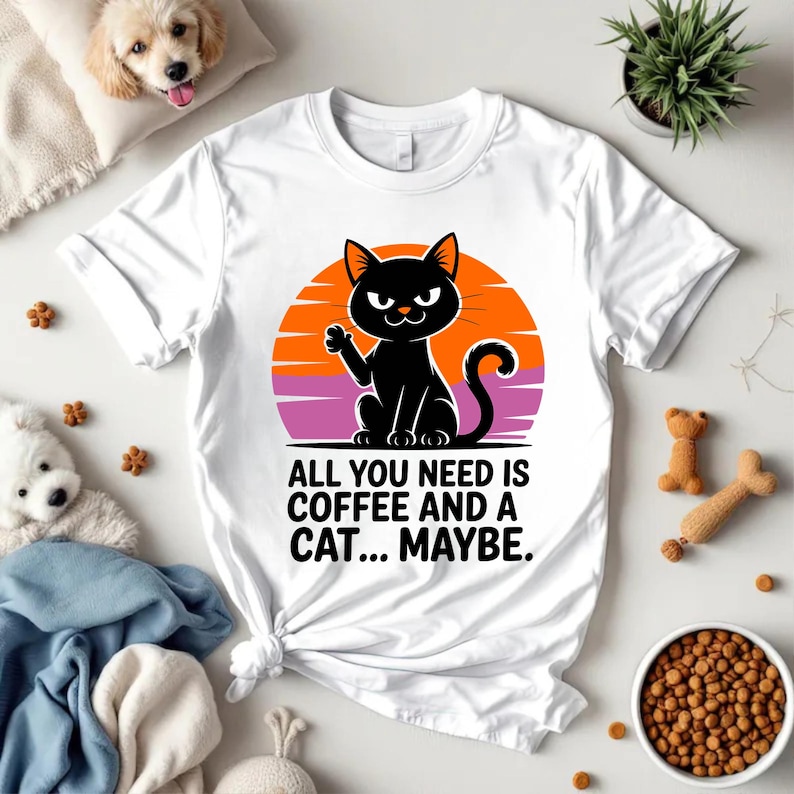 Pode incluir: Camiseta branca com uma ilustra&ccedil;&atilde;o de um gato preto sobre um fundo de p&ocirc;r do sol laranja e roxo. O texto diz: "ALL YOU NEED IS COFFEE AND A CAT... MAYBE." Uma camiseta divertida para os amantes de gatos.