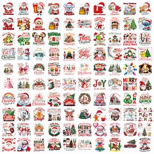 May include: A collection of Christmas-themed stickers with various designs. The stickers feature Santa Claus, snowmen, Christmas trees, and festive text like "Merry Christmas." The color palette includes red, green, white, and gold, creating a cheerful holiday vibe.