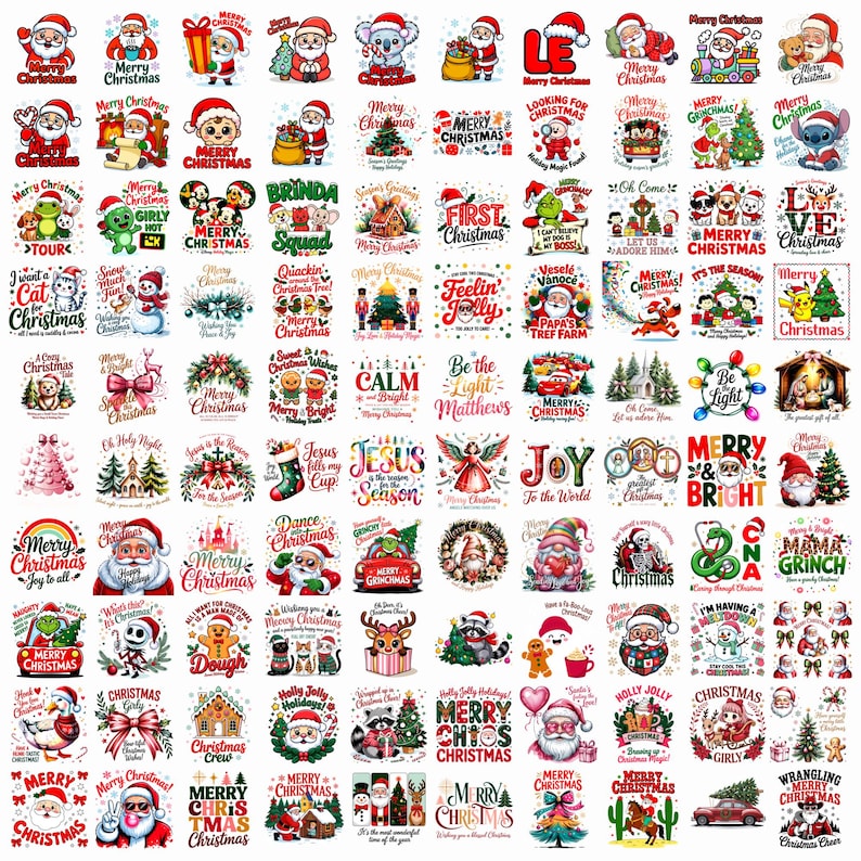 May include: A collection of Christmas-themed stickers with various designs. The stickers feature Santa Claus, snowmen, Christmas trees, and festive text like "Merry Christmas." The color palette includes red, green, white, and gold, creating a cheerful holiday vibe.