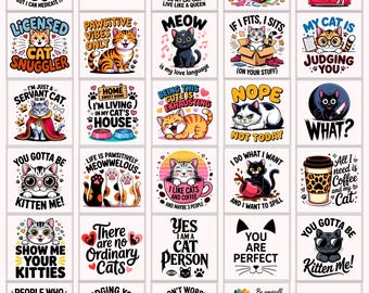 Pacote com mais de 30 frases engraçadas sobre gatos em PNG e SVG | Frases de humor para camisetas e canecas