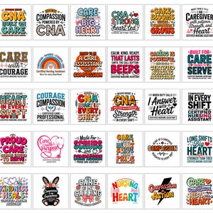 Puede incluir: Colección de diseños gráficos cuadrados con texto relacionado con la enfermería y el cuidado. Los diseños presentan frases como "CNA Built on Care", "Care with Courage" y "Nursing Heart", en varias fuentes y colores.