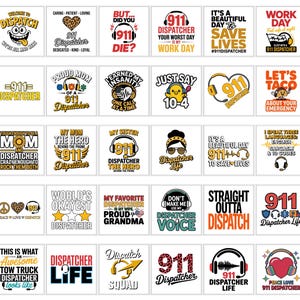Puede incluir: Una colección de diseños gráficos cuadrados con texto e imágenes relacionados con los despachadores del 911. Los diseños incluyen frases como "Dispatcher Life", "Work Day" y "Proud Mom of a 911 Dispatcher."