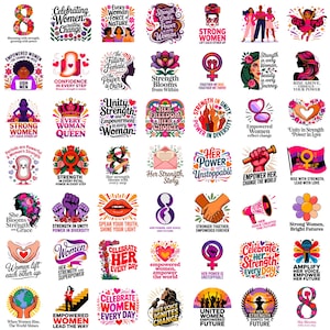 Puede incluir: Una colección de diseños gráficos coloridos con mensajes de empoderamiento para mujeres. Las imágenes presentan elementos florales, símbolos femeninos y citas inspiradoras sobre la fuerza, la unidad y la celebración de las mujeres.