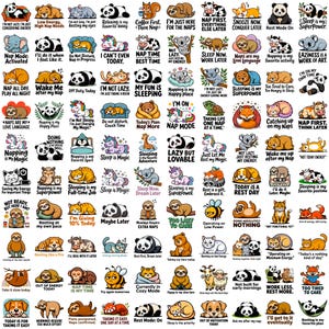 Może przedstawiać: Zbiór naklejek z różnymi postaciami z kreskówek i frazami związanymi ze snem, odpoczynkiem i relaksem. Zawiera pandy, leniwce, koty i inne stworzenia z tekstami takimi jak "Nap Time", "Sleep is Magic" i "Today is a Rest Day."