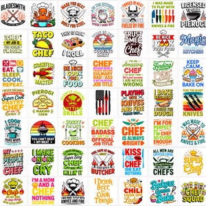 May include: Collection of square stickers with various chef-themed designs. Each sticker features text and graphics related to cooking, grilling, and kitchen humor. Designs include knives, flames, and food illustrations.