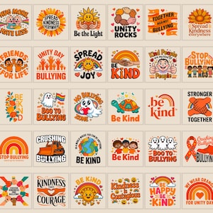 May include: A collection of square graphic designs with positive messages and illustrations. Themes include anti-bullying, kindness, and unity. Designs feature rainbows, smiling suns, and phrases like "Be Kind" and "Stop Bullying."