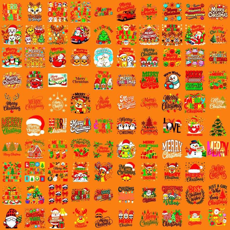 May include: A collection of Christmas-themed designs on an orange background. The designs include various illustrations such as Santa Claus, reindeer, snowmen, Christmas trees, and festive text like "Merry Christmas" and "Best Wishes".