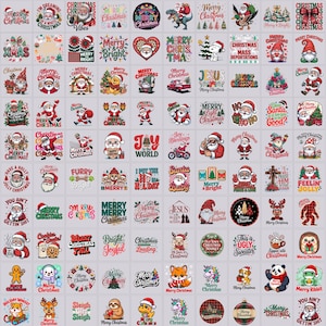 May include: A collection of Christmas-themed graphic designs, featuring Santa Claus, festive phrases, and holiday imagery. Designs include text like "Merry Christmas," "Joy to the World," and various seasonal illustrations. Perfect for holiday crafts and apparel.