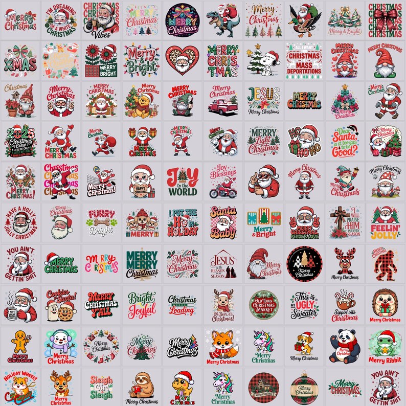 May include: A collection of Christmas-themed graphic designs, featuring Santa Claus, festive phrases, and holiday imagery. Designs include text like "Merry Christmas," "Joy to the World," and various seasonal illustrations. Perfect for holiday crafts and apparel.