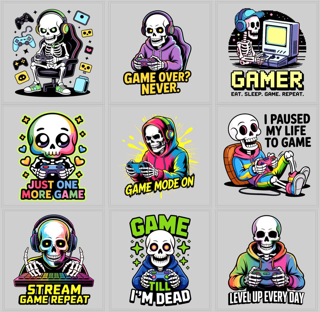 Gamer Skeleton 9 PNG Bundle | Gaming Controller | Video Game Patch ...