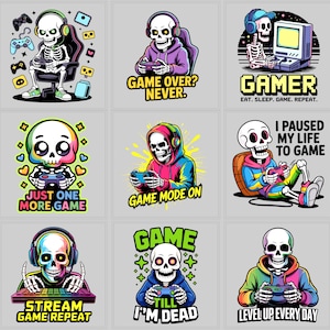 Gamer Skeleton 9 PNG Bundle | gaming controller | video game patch | gifts for gamers 14x14