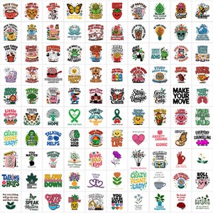 Op de afbeelding: Een verzameling kleurrijke, grillige stickers met diverse ontwerpen en tekst. De stickers bevatten illustraties van voedsel, dieren, planten en motiverende zinnen. Het algemene thema is positief en bemoedigend, met de nadruk op zelfzorg en mentale gezondheid.
