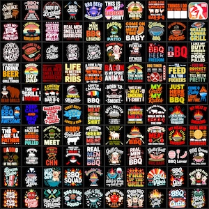 Può includere: Una collezione di grafiche a tema barbecue su sfondi neri. I disegni presentano testi come "BBQ Crew", "Real Men Smell Like BBQ" e "Bacon is My Spirit Animal", insieme a illustrazioni di griglie e maiali.