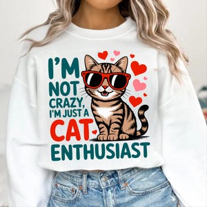 Pode incluir: Camisola branca com um gato de desenho animado usando &oacute;culos de sol vermelhos e cora&ccedil;&otilde;es. O texto diz "I'M NOT CRAZY, I'M JUST A CAT ENTHUSIAST" em verde-azulado e vermelho. Uma pe&ccedil;a confort&aacute;vel para os amantes de gatos.