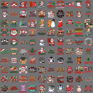 May include: A collection of Christmas-themed graphic designs. The designs feature Santa Claus, snowmen, reindeer, and festive text like "Merry Christmas" and "Happy Holidays" in various fonts and styles. The color palette includes red, green, white, and gold.