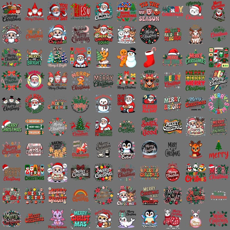 May include: A collection of Christmas-themed graphic designs. The designs feature Santa Claus, snowmen, reindeer, and festive text like "Merry Christmas" and "Happy Holidays" in various fonts and styles. The color palette includes red, green, white, and gold.