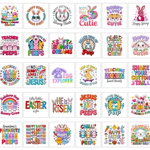 May include: A collection of colorful Easter-themed designs featuring cartoon bunnies, chicks, and eggs. Each design includes text such as "Happy Easter," "Bunny Cutie," and "Jesus is Risen." The designs are suitable for various Easter-related products.