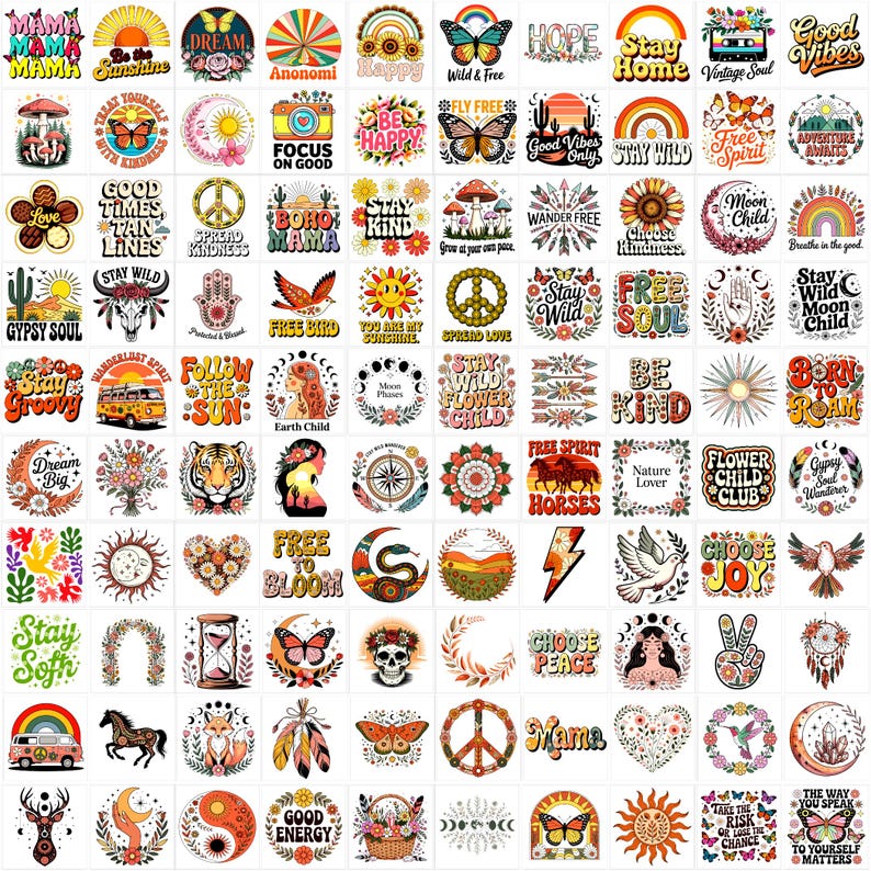 May include: A selection of square stickers with diverse designs and text. The stickers feature butterflies, flowers, rainbows, and inspirational quotes. The colour palette includes warm tones like orange, yellow, and brown, with some stickers incorporating blue and green.