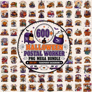 Puede incluir: Una colección digital de más de 600 gráficos de Halloween con carteros, camiones de correo y buzones en naranja, morado y negro. La insignia circular central muestra el texto 600+ HALLOWEEN POSTAL WORKER PNG MEGA BUNDLE 300 DPI - TRANSPARENT BACKGROUND.