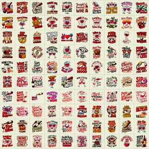 May include: A collection of wine-themed stickers with various phrases and graphics. The stickers feature wine glasses, bottles, and humorous sayings like "Wine O'Clock" and "Sip Happens." The color palette includes red, white, and black.