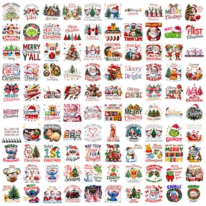 May include: A collection of Christmas-themed graphic designs on a white background. The designs feature various holiday elements, including Santa Claus, snowmen, Christmas trees, and festive text. The color palette includes red, green, white, and other bright colors.
