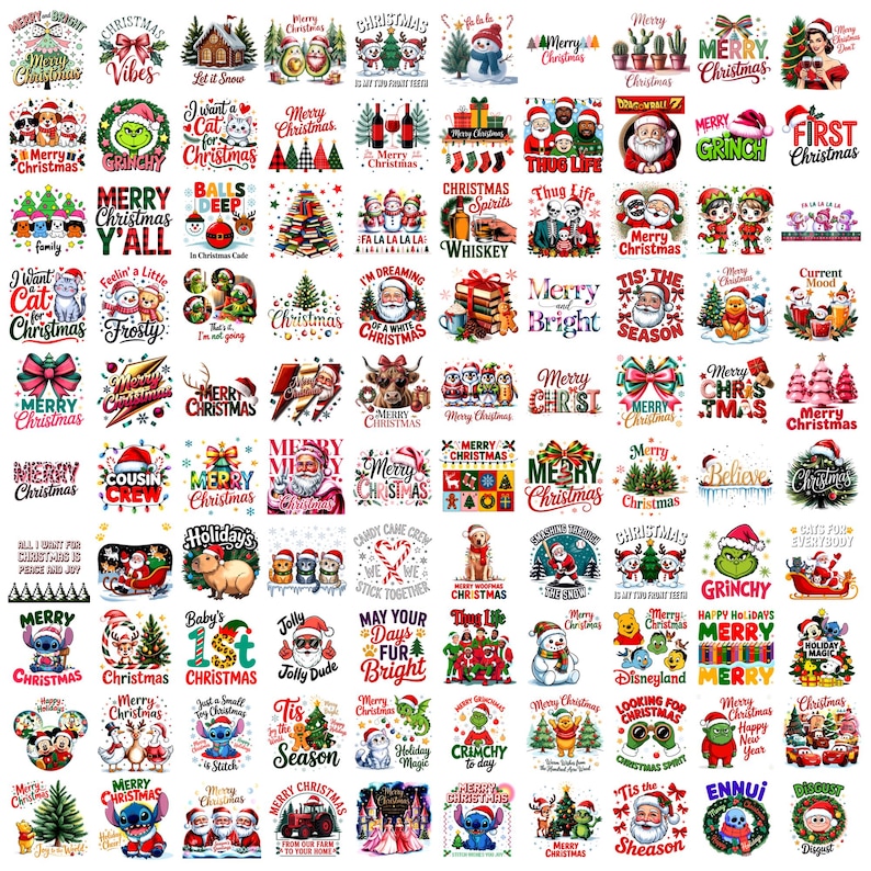 May include: A collection of Christmas-themed graphic designs on a white background. The designs feature various holiday elements, including Santa Claus, snowmen, Christmas trees, and festive text. The color palette includes red, green, white, and other bright colors.
