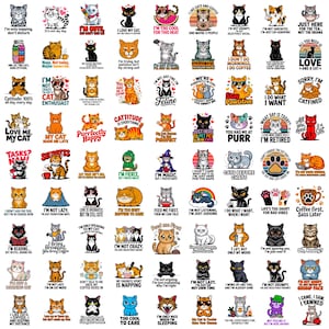 Pode incluir: Uma cole&ccedil;&atilde;o de autocolantes com tema de gato com v&aacute;rias frases e ilustra&ccedil;&otilde;es. Os autocolantes apresentam diferentes ra&ccedil;as e desenhos de gatos, com textos como "Eu amo meu gato" e "Gatos antes de conversas".