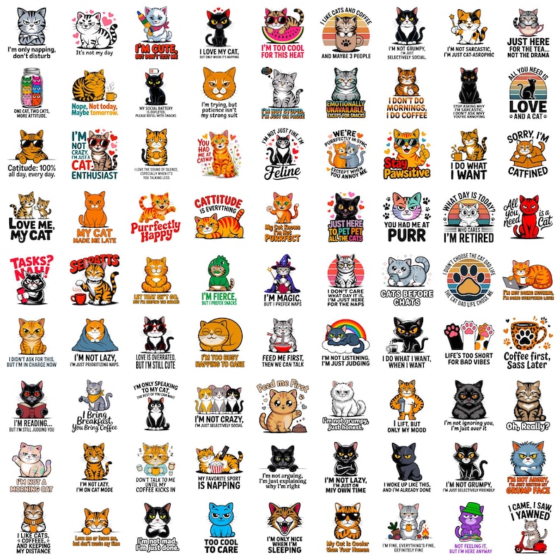 Pode incluir: Uma cole&ccedil;&atilde;o de autocolantes com tema de gato com v&aacute;rias frases e ilustra&ccedil;&otilde;es. Os autocolantes apresentam diferentes ra&ccedil;as e desenhos de gatos, com textos como "Eu amo meu gato" e "Gatos antes de conversas".