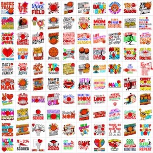 Peut inclure: Une collection de graphiques sur le thème du basket-ball sur fond blanc. Les motifs comprennent des ballons de basket, du texte comme "Basketball Mom" et diverses phrases liées au sport. La palette de couleurs est principalement rouge, blanc et noir.