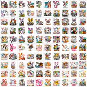 Pode incluir: Uma coleção de autocolantes coloridos com o tema da Páscoa, apresentando vários desenhos de coelhos, ovos e frases alegres como "Feliz Páscoa" e "Easter Fun". Os autocolantes são de várias formas e tamanhos, perfeitos para decorar ou fazer artesanato.