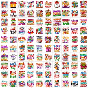 以下が含まれることがあります： 様々なフォントとスタイルで「エイプリルフールズデー」、「愚かな楽しみ」、「ハッピーエイプリルフールズデー」などのテキストが特徴の、エイプリルフールをテーマにしたカラフルなデザインのコレクション。道化師やカレンダーの画像も含まれています。