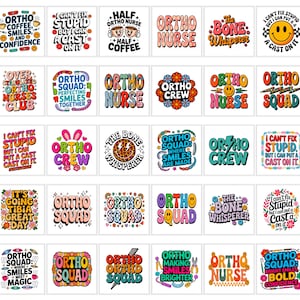 Könnte beinhalten: Sammlung quadratischer Designs mit Texten und Grafiken zum Thema Kieferorthopädie. Designs enthalten Sätze wie "Ortho Nurse", "Ortho Squad" und "The Bone Whisperer" mit farbenfrohen Schriftarten und Smileys.