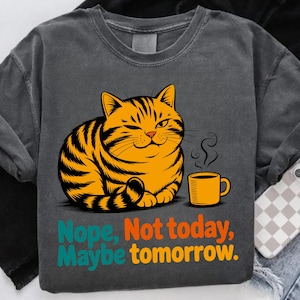 Pode incluir: Camisola cinza escuro com um gato malhado laranja piscando, com listras pretas e uma caneca de caf&eacute; amarela. O texto "Nope, Not today, Maybe tomorrow" &eacute; impresso em turquesa e laranja.