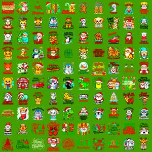 May include: A collection of Christmas-themed graphic designs on a green background. The designs feature various cartoon characters, including animals and snowmen, wearing Santa hats and festive decorations. Text elements include holiday greetings.