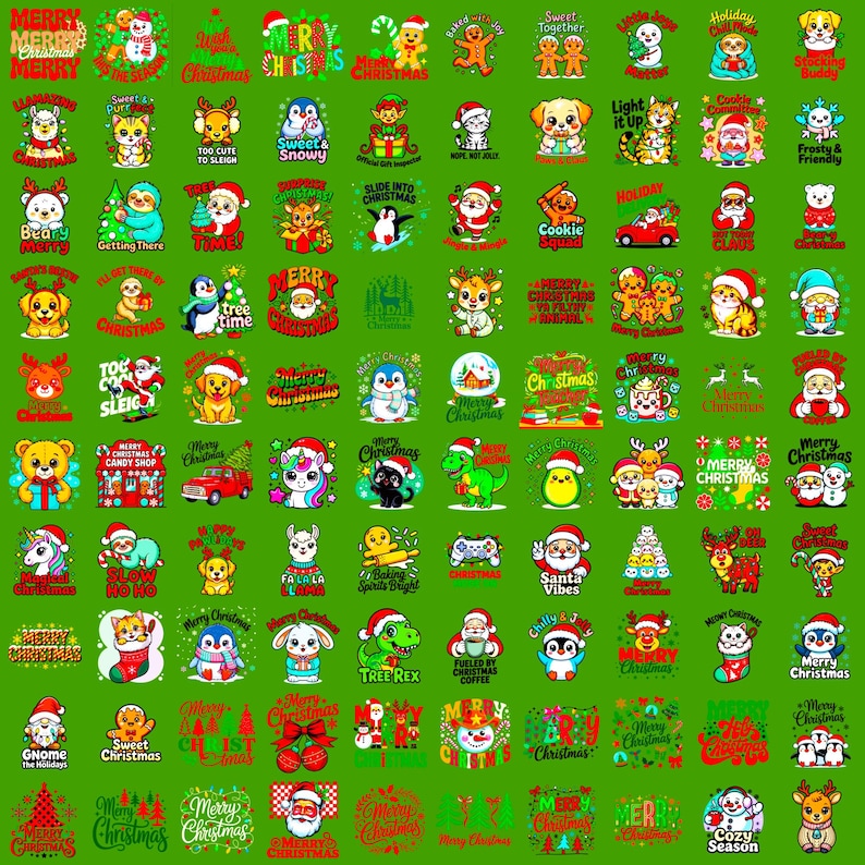 May include: A collection of Christmas-themed graphic designs on a green background. The designs feature various cartoon characters, including animals and snowmen, wearing Santa hats and festive decorations. Text elements include holiday greetings.