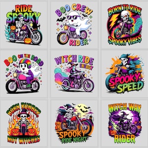 Pacchetto PNG SVG di Halloween per motociclisti / Disegni spettrali di teschi di motociclette (download digitale)