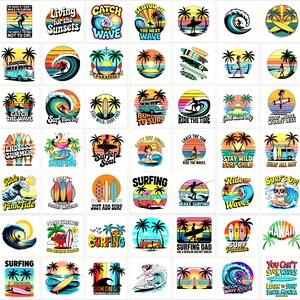 May include: A collection of surfing-themed stickers with various designs. Each sticker features vibrant colors, palm trees, and surfboards. Some stickers include phrases like "Catch the Wave" and "Surf Vibes Only."