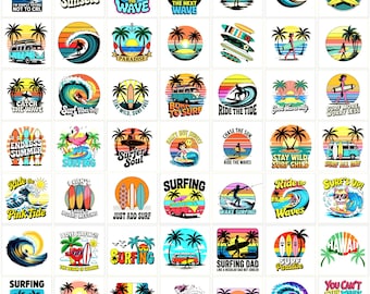 Surfing PNG Bundle | 50+ Retro Surf Designs | 14” 300 DPI
